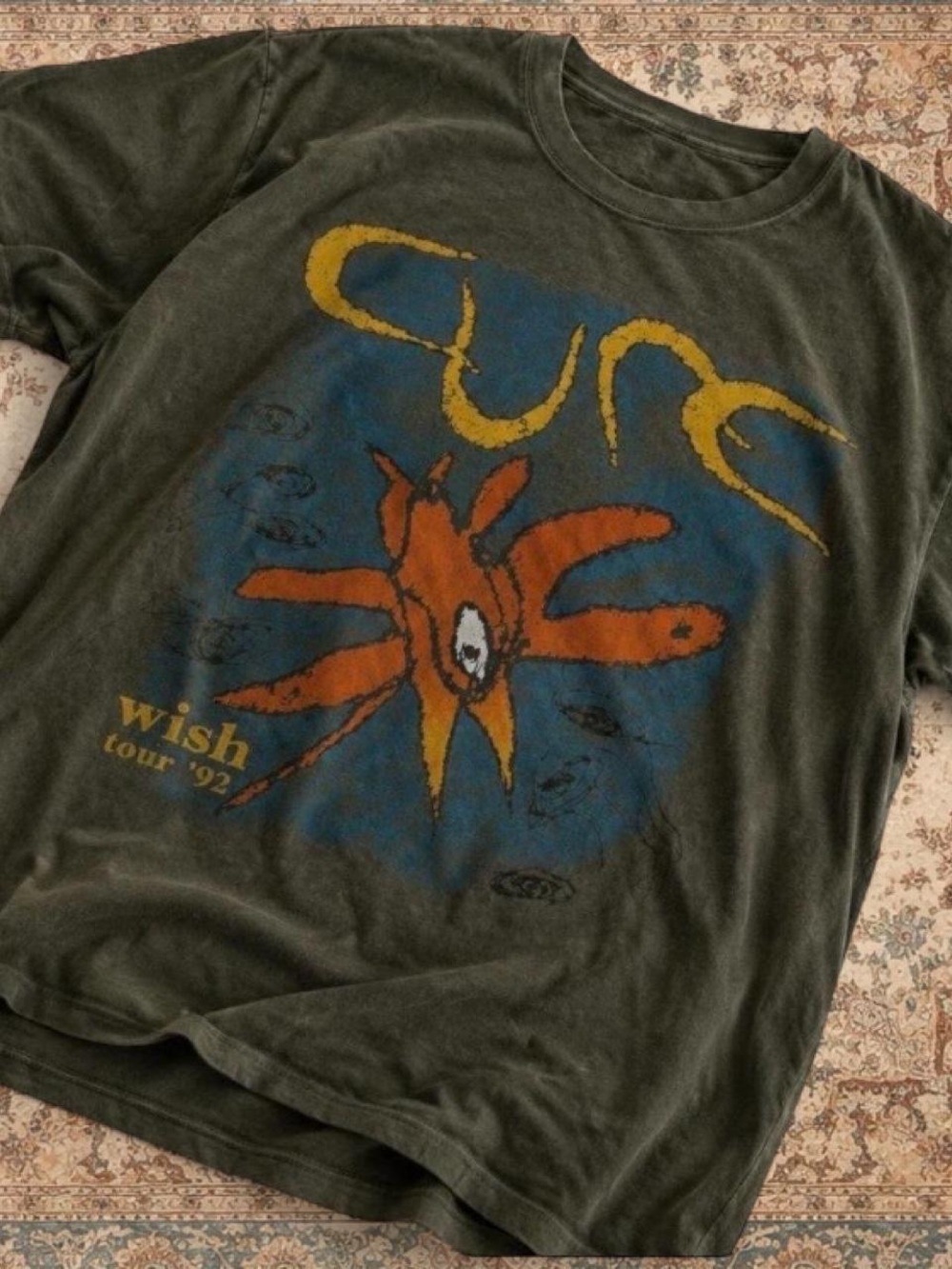 Gildan Olive Short-Sleeve Graphic Tee with Orange & Blue Print